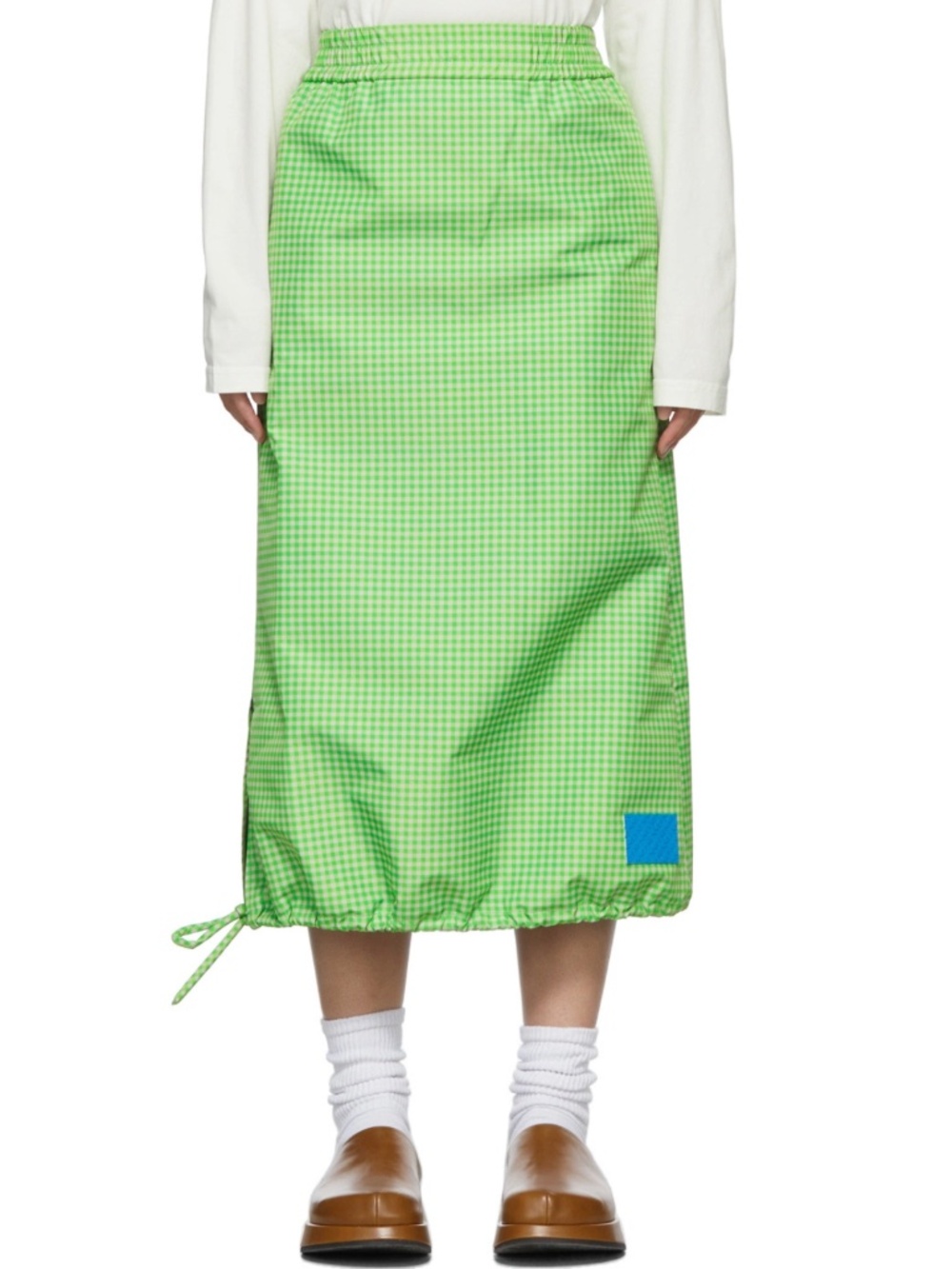 Sunnei Green Checkered Gingham Elastic Long Nylon Skirt, Made in Italy Size XS